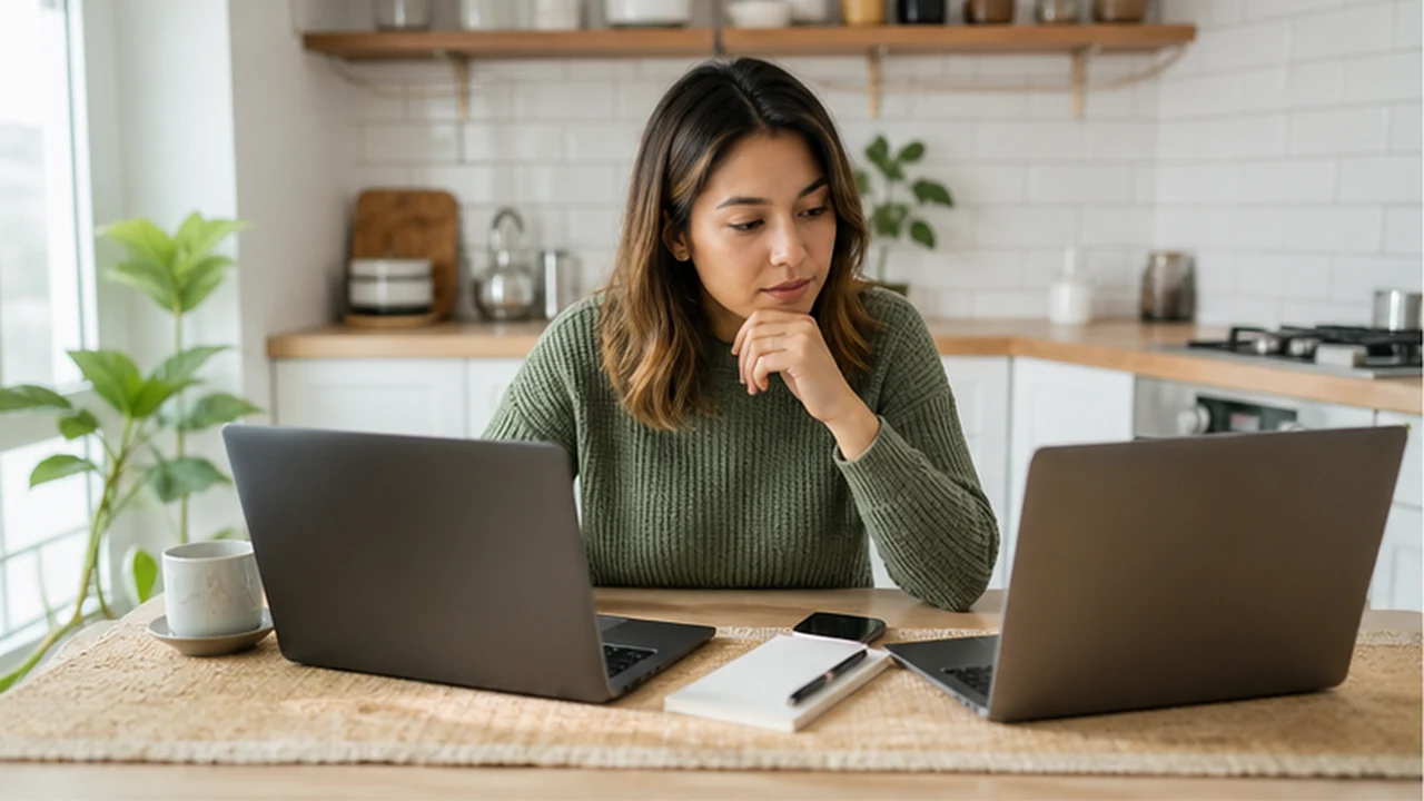 A real-life scene illustrating the best laptop setup for remote work in a small space