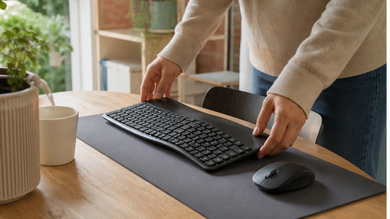A real-life scene illustrating an ergonomic keyboard and mouse guide for long workdays